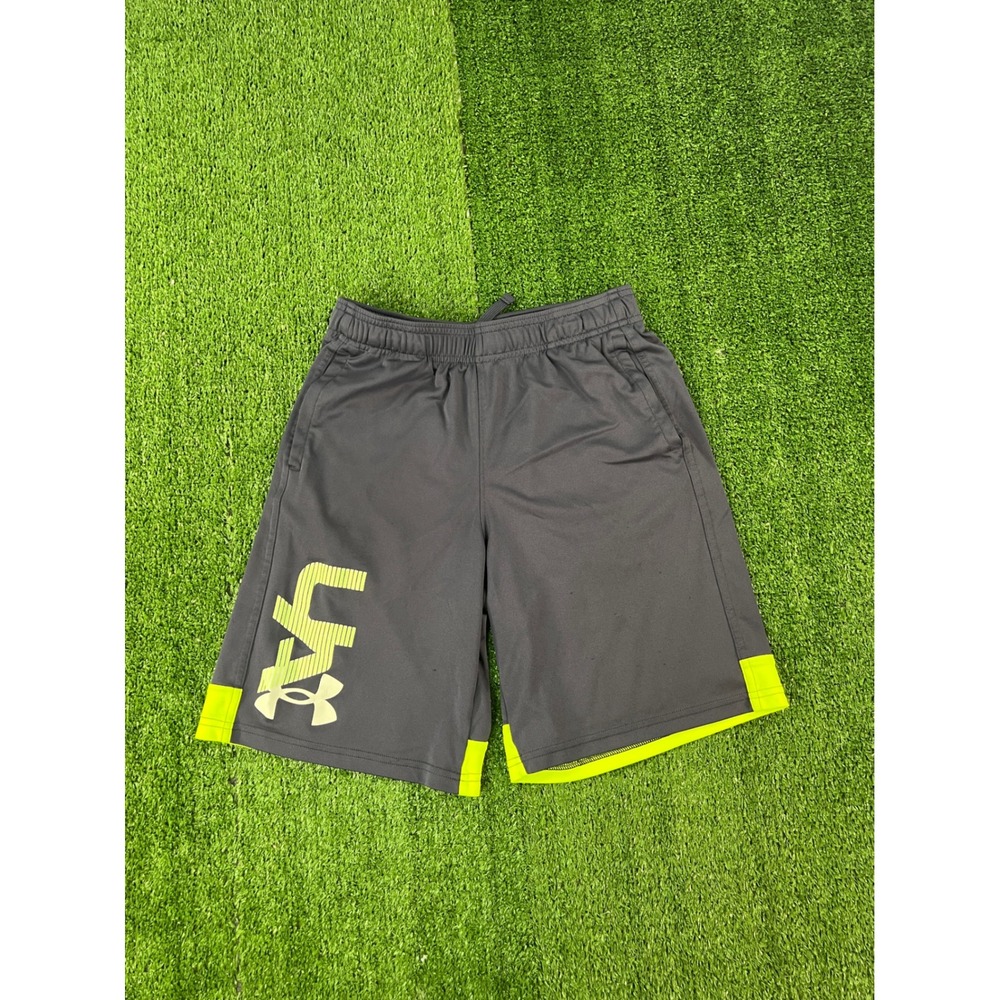 Under Armour Boys Gray Lime Green Graphic Logo Athletic Shorts Youth Large YLG